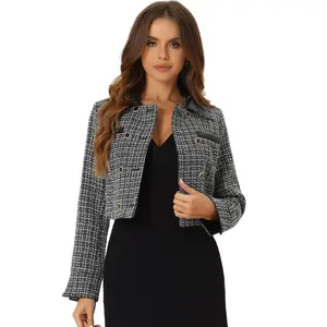 INSPIRE CHIC Women's Tweed Plaid Contrast Collar Double Breasted Vintage Cropped Jackets Black Small