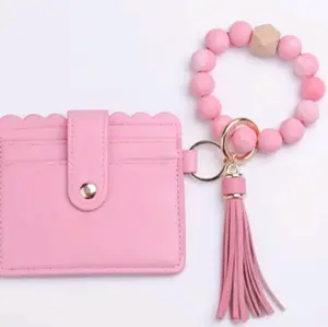 10 Different Colors - Elastic Silicone Beaded Tassel Keychain With Pocket PU Leather Card Holder Wallet