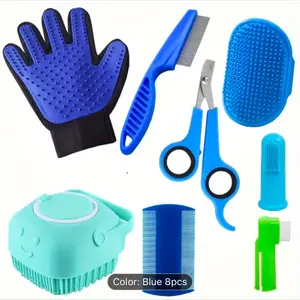 8-Piece Pet Grooming Essentials Kit for Dogs - Premium PP Material, Battery-Free, Uncharged - Includes Shampoo Brush, Flea Comb, Nail Clippers, Toothbrush, and More