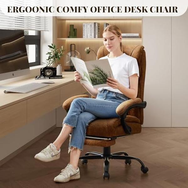 Big and Tall Office Chair 500LBS with Footrest,Ergonomic Leather Executive Chair with Adjustable Height & Flip-up Armrests,Wide Reclining Computer Desk Chair for Home Office or Gaming,Brown