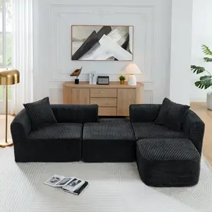 114" Cloud Sectional Couch with L-Shape Chaise, Modular Sofa with Movable Ottoman, Upholstered Couches for Living Room Bedroom, No Assembly Required, Black