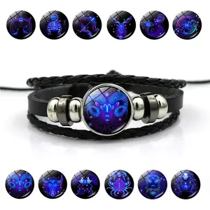 Veliora Gift Zodiac Signs Spirit Bracelet - Adjustable 12 Constellation Black Leather Wrap Bracelet for Women Men with Positive Energy Glow-in-the-Dark Design