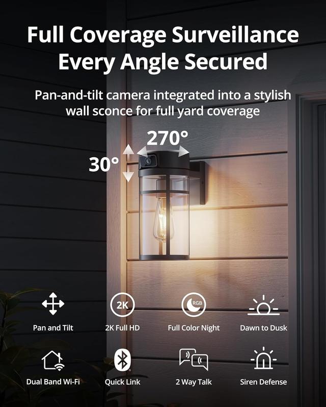 Outdoor Porch Light Camera, 4K Wi-Fi Security Cam with AI Human Detection, Pan & Tilt, Dusk to Dawn, 2-Way Audio, Cloud/SD Storage, Wall Lantern Sconce Camera for Porch, Garage, Patio, Doorway