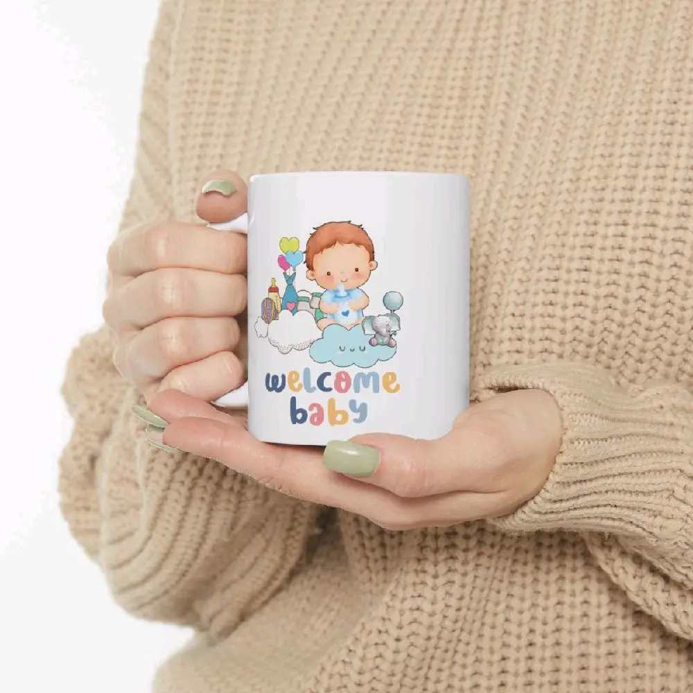 Recuerdo For Fiesta Babyshower Welcome Baby Design Ceramic Mug with Adorable Cartoon Baby Illustration