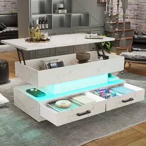SEDETA 40-inch Faux Marble Rectangular Coffee Table with Drawers & LED Lights Living Room Furniture Foldable Height Adjustable Storage Compartment