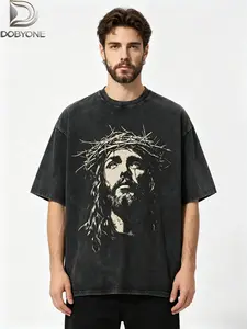 DOBYONE Men's Unisex Round Neck Short-Sleeve Heavyweight Cotton T-Shirt - Acid Washed Distressed Jesus Graphic Tee, Christian Clothing for Casual Streetwear, Church Wear Religious Gift for Him/Her