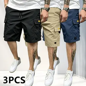 3-Pack Plus Size Men’s Casual Cargo Shorts – Plus size design, elastic drawstring waist, lightweight breathable fabric, multifunctional pockets suitable for summer sports and everyday wear，Summervibes