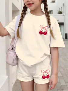 Girls' Summer Set, Bow Cherry Print Short Sleeve Top + Loose Shorts, Casual Wear for Ages 5-14, Outdoor Travel & Sports, Casual Outfit Set