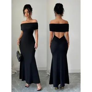 Off Shoulder Backless Maxi Dress, Fitted Fishtail
