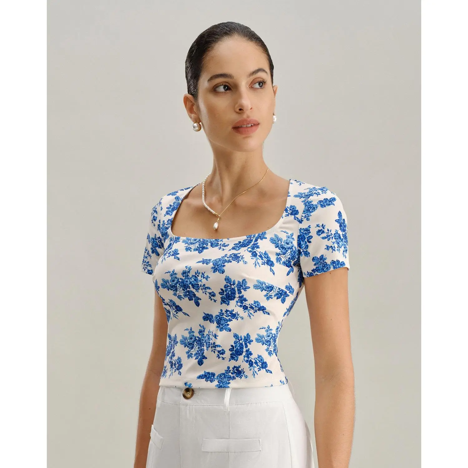 RIHOAS Women's Retro Plant Print Ribbed Texture Spandex-Polyester Square-Neck Short-Sleeve Ribbed Knit Shirts, Casual Pullover Top with Medium Stretch for Everyday Basics