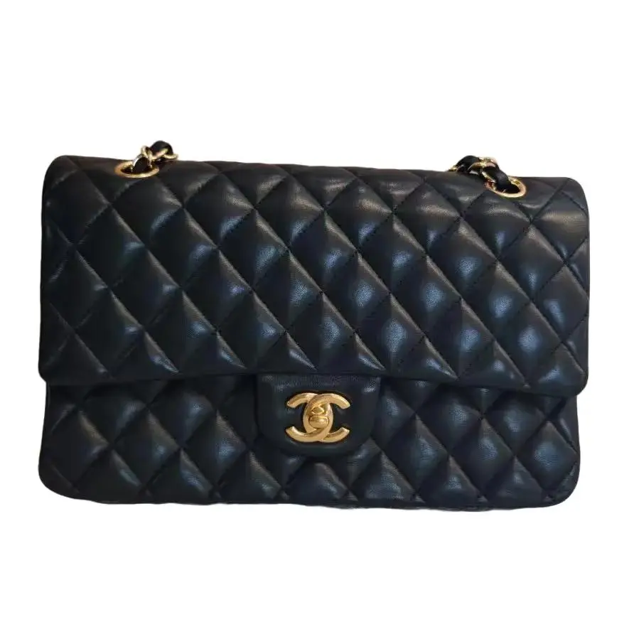 Pre-owned CHANEL CLASSIC FLAG MEDIUM SIZE BLACK CHECKED STITCHING