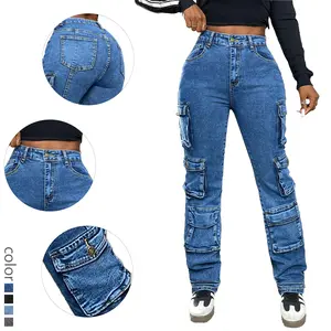 Trendy Cargo Jeans for Women Streetwear Y2K High Waist Loose Fit Utility Denim Pants with Pockets Bottoms Fabric Minimalist Fitted Basic Denim