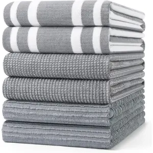 Kitchen Towels(18"x 28", 6 Pack), Large Cotton 380 GSM Kitchen Hand Towels, Soft and Absorbent Terry Dish Towels, Multipurpose  Towel Set with Hanging Loop, Grey