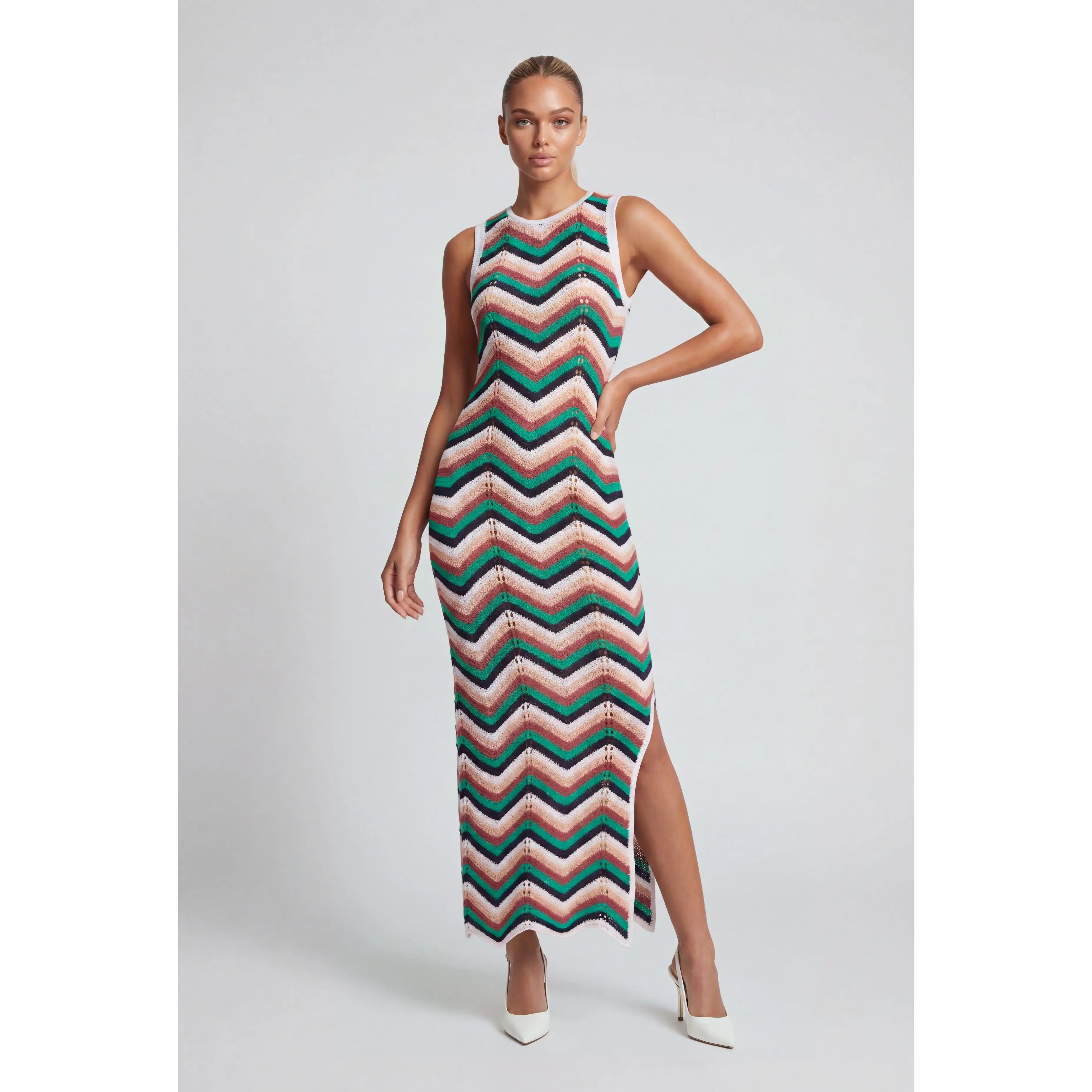 Chevron Pointelle Sleeveless Maxi Dress