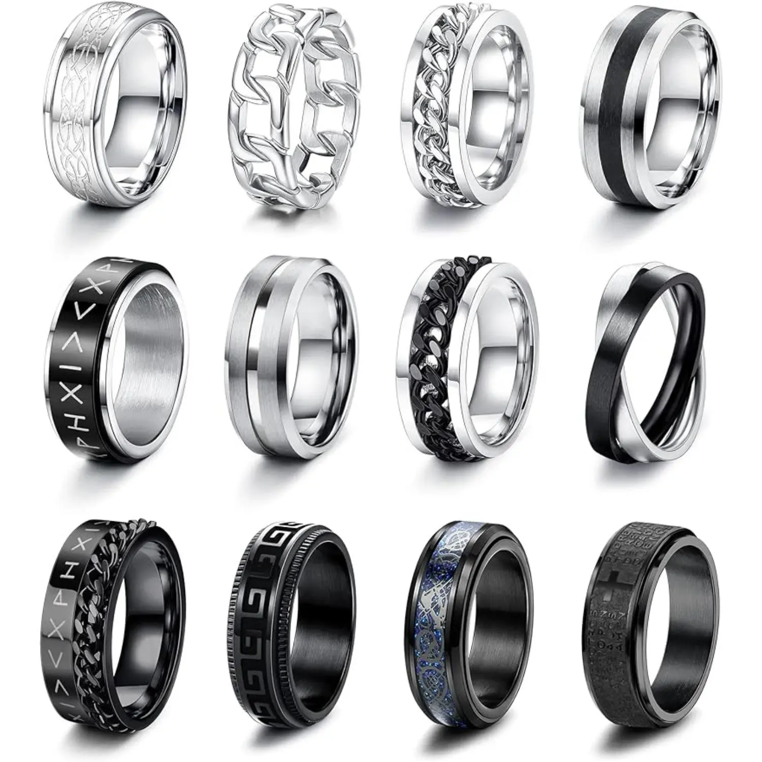 MILACOLATO 12PCS Stainless Steel Band Rings for Men Women Fidget Spinning Chain Ring Anxiety Relief Fashion Simple Black Ring Set Sizes 7-13 Daily Wear