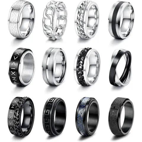 MILACOLATO 12PCS Stainless Steel Male Fashion Metal Rings - Unisex Fidget Spinning Chain Stress Relief Jewelry, Anxiety Relief Simple Black Band for Everyday Daily Wear, Sizes 7-13