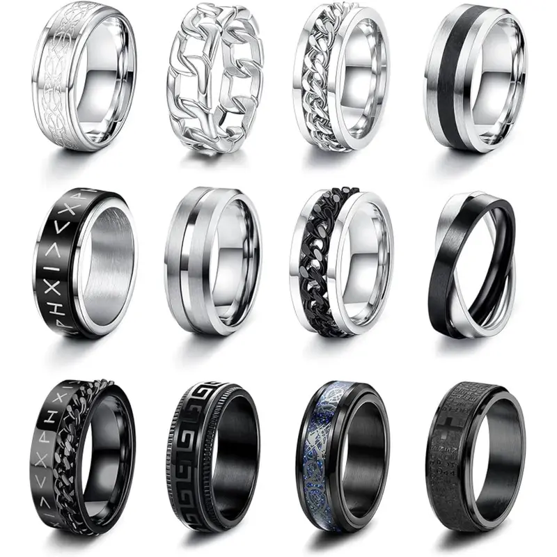MILACOLATO 12PCS Stainless Steel Male Fashion Metal Rings - Unisex Fidget Spinning Chain Stress Relief Jewelry, Anxiety Relief Simple Black Band for Everyday Daily Wear, Sizes 7-13