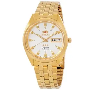 Orient 3 Star Crystal Automatic Men's Watch - 21 Jewels Gold Stainless Steel Metallic White Dial Day-Date
