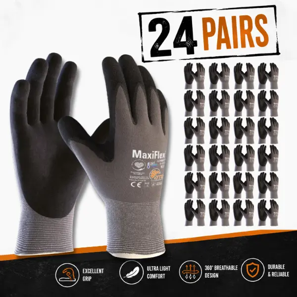 24 Pairs MAXIFLEX Gloves 34- 874 Safety Gloves | Guantes Para Trabajo - MAXIFLEX Gloves For Men Nitrile Micro Foam Grip Palm Comfortable Fit Construction Gear