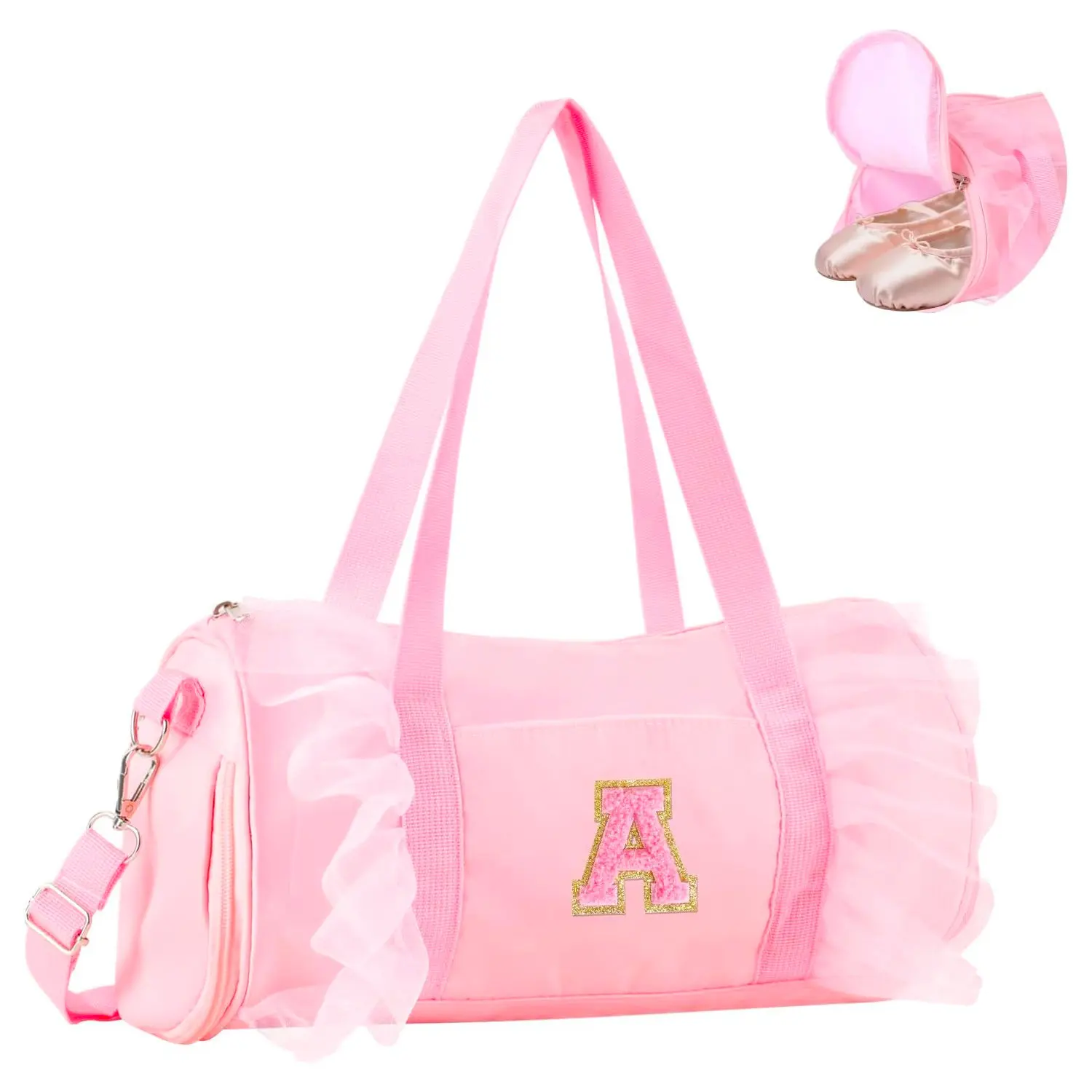 Pink Ruffle Dance Ballet Duffel Bag, Custom Letter Patch Design, Large Capacity Adjustable Shoulder Bag, Girls Sports Gym Bag For Yoga, Cheerleading, Training, Travel And Overnight Use