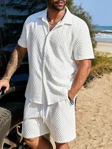 Men's Plus Size High-End Textured Knit Two-Piece Set, Cuban Collar Shirt & Matching Shorts, Summer Casual Beachwear