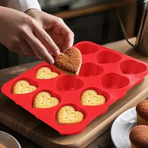 12-Cavity Heart Shape Silicone Cake Mold, Food-Grade Nonstick Baking Pan for Brownies, Cupcakes, Cake Pops, Pudding and Jelly, Easy Release Durable Dessert Mold, Microwave and Refrigerator Safe, Valentine Wedding Treat Making Tool