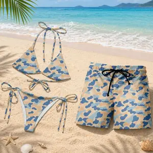 Pastel Blue Orange Camo Matching Couple Swimwear Set, String Bikini & Men’s Board Shorts, Coastal Beach Vacation Swimsuits 4ND