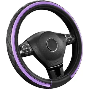 Leather Steering Wheel Cover - Black & Purple, Universal Fit 14.5-15 Inch, Microfiber Leather, Anti-Slip & Breathable Design for Men and Women