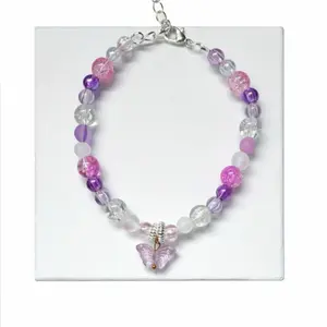 Pixie Dust Meadows Handmade Beaded Adjustable Bracelet with Butterfly Charm in Purple and Pink Beads