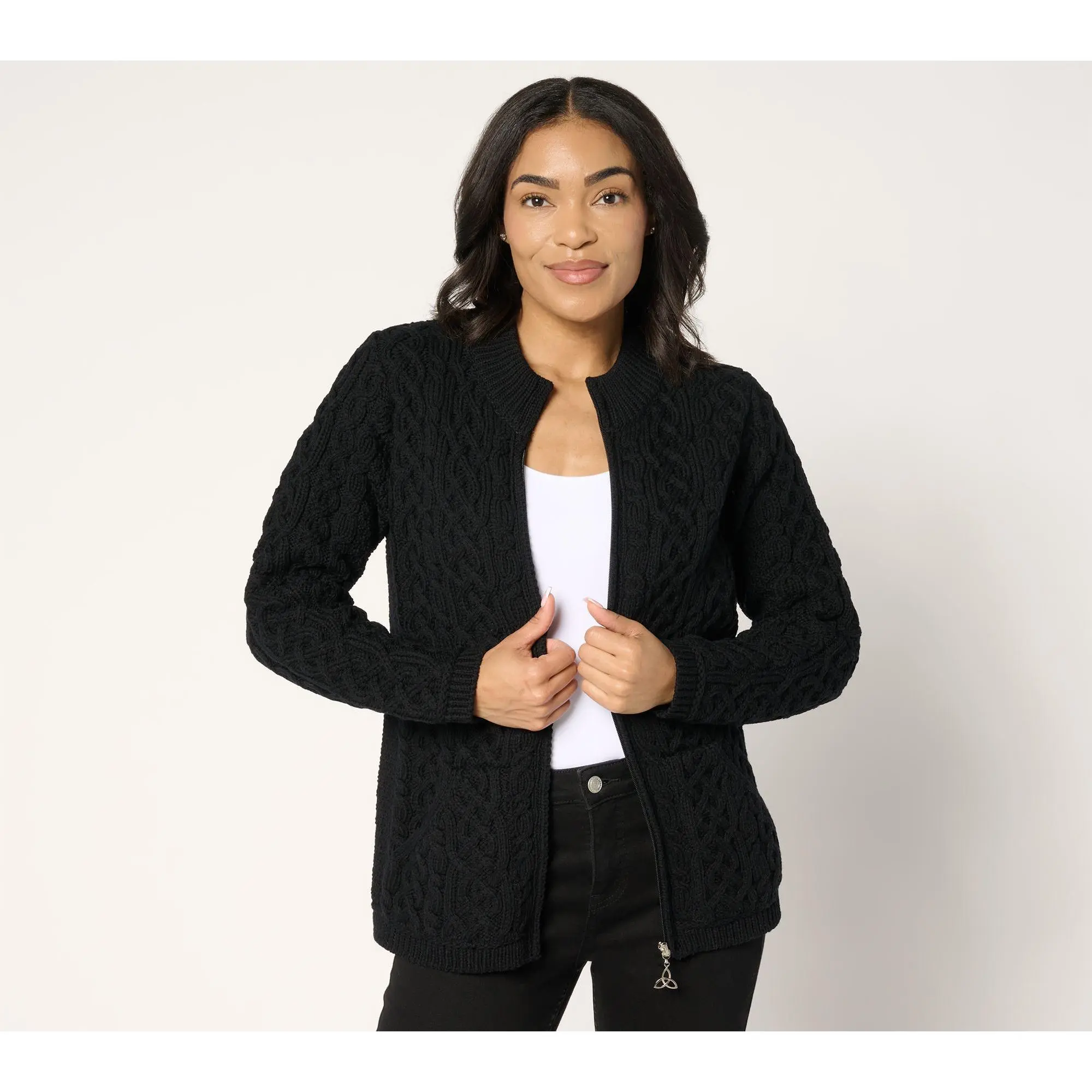 Aran Craft Merino Wool Zip-Front Cardigan Aran Craft Merino Wool Zip-Front Cardigan