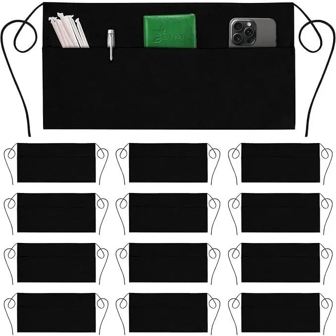 Server Aprons with 3 Pockets -  Apron, Waitress Apron for Women and Man, Water Resistant with Long  Strap Reinforced Seams, Half Apron (24 Pack - Black)