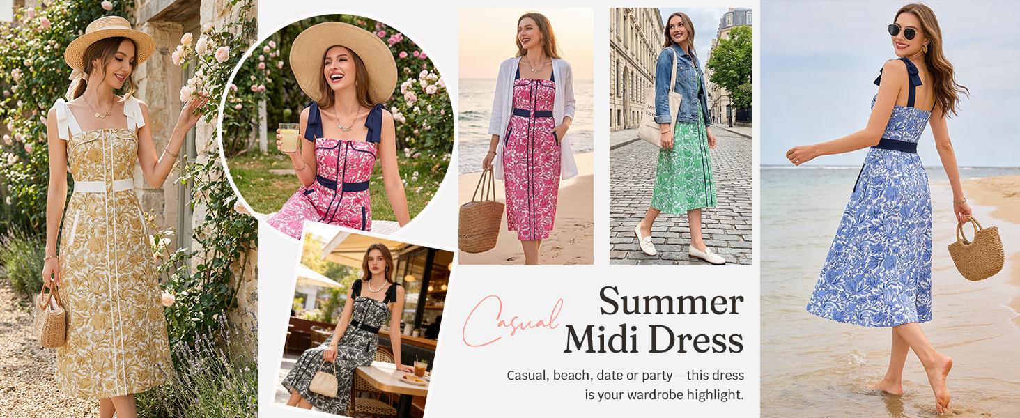 Wenrine Women's Summer Floral Midi Dress Casual Tie Strap Sleeveless Smocked Button Boho Flowy Beach Sundress with Pocket