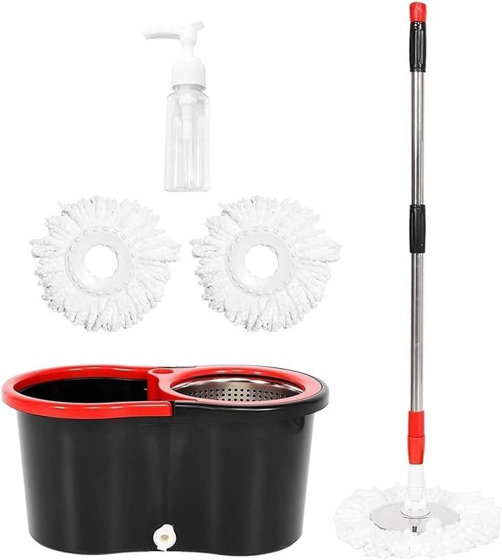 Mop Bucket Set with 360° Spin Mop and Bucket System 3 Microfiber Heads 61In Adjustable Handle for Shop Floor Cleaning
