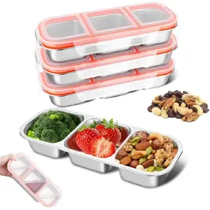 4 Pack Stainless Steel Snack Containers, 3 Compartment Metal  Box, Leak Proof Snack Containers with , for  Camping (3 Grid Lunch Box)