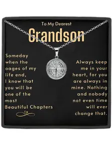 To My Dearest Grandson  Stainless Steel Compass Pendant Necklace, Meaningful Card Included, Birthday Christmas Present, All Seasons