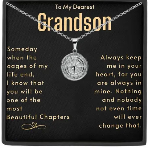 To My Dearest Grandson  Stainless Steel Compass Pendant Family Necklace, Meaningful Card Included, Christmas Present, All Seasons, Necklace Gift Box, Jewelry Gifts