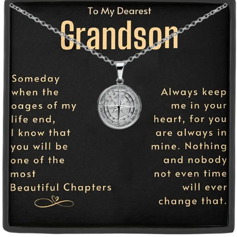 To My Dearest Grandson  Stainless Steel Compass Pendant Family Necklace, Meaningful Card Included, Christmas Present, All Seasons, Necklace Gift Box, Jewelry Gifts