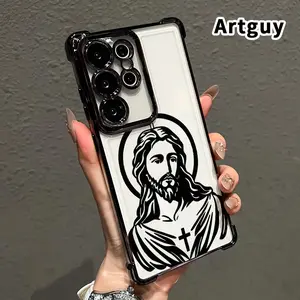 Compatible with Samsung Galaxy S23 Ultra S24 Plus S25 S22+ FE Edge Phone Case Jesus portrait Pattern Clear Protective Four Corners Air Cushion Anti-drop Shockproof Cellphone Casing