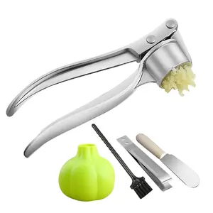 Pack Of 5 Garlic Press, Garlic Peeler, Skin Tweezers, Cleaning Brush, Mini Scraper- Manual Crusher with Crushing, for Kitchen, Restaurant- Easy-Clean Garlic Press Tool for Garlic, Ginger, Lemon, Cooking