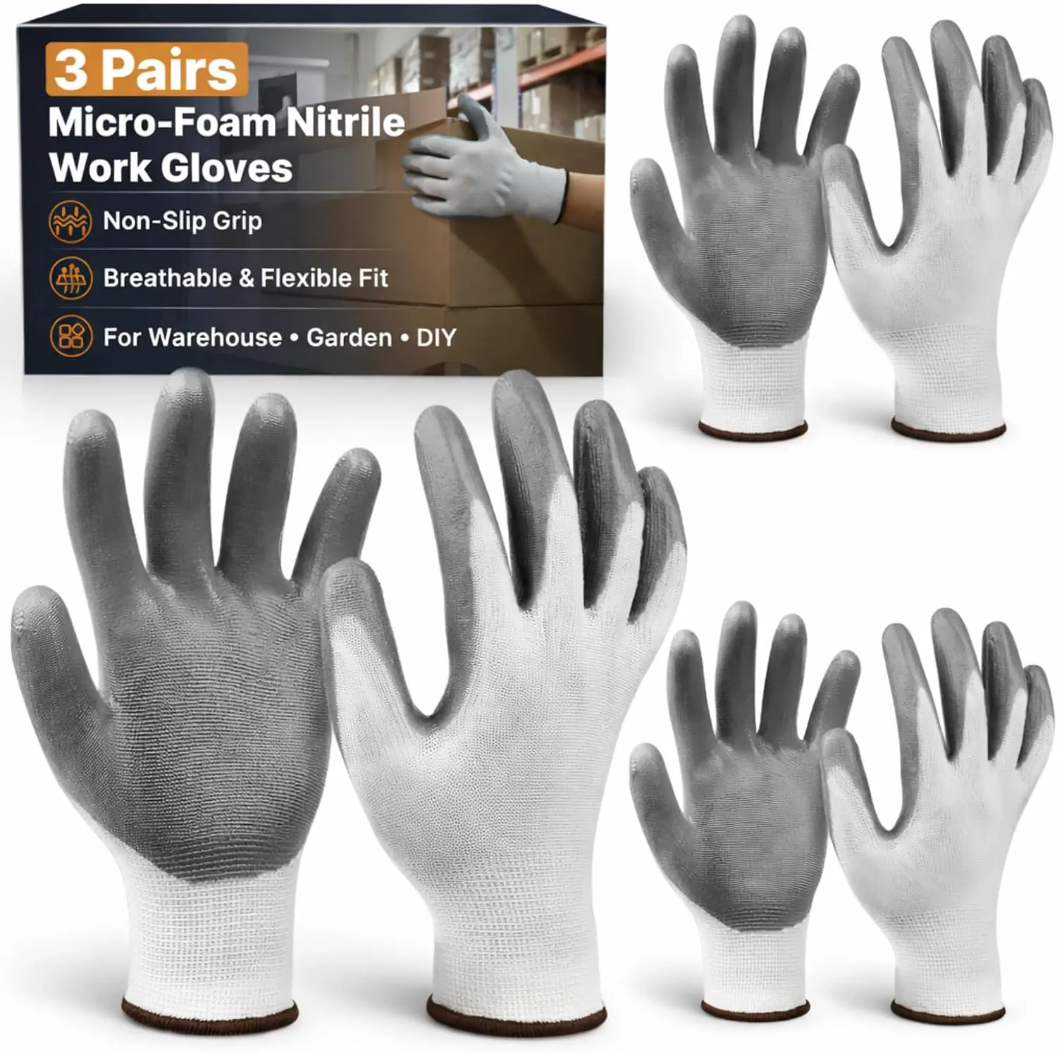 Work Gloves, Nitrile-Coated Grip for Yard Work, Moving & Warehouse, Large Available in 3- or 12-Pair Packs, Secure Grip, Micro-Foam Coating, Breathable 13-Gauge Knit, Flexible Fit, Garage & DIY Tasks
