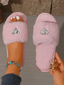 Women's Comfortable Home Slippers, Heart Rhinestone Pattern, Cozy Indoor Shoes for Relaxing Days, Fashionable Women's House Shoes, Flat Slippers