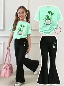Girls Summer Breathable Comfort Fashion Casual Set, Hat Festival Dwarf Printed Round Neck Short Sleeve T-Shirt + Bell Bottoms Two-Piece Children