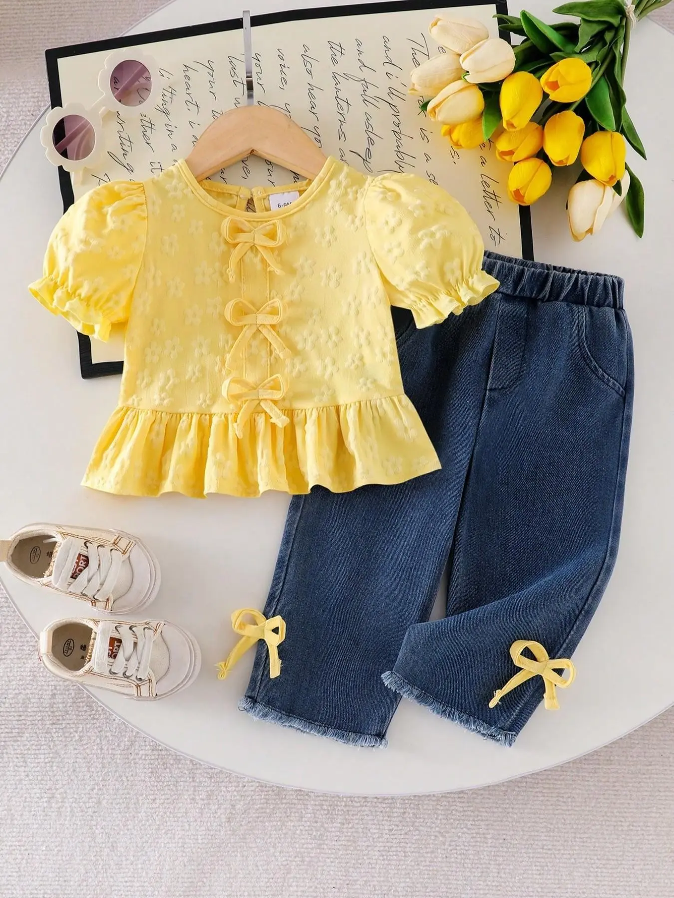 Girls' Sweet Butterfly Knot Set, Embroidered Lantern Sleeve Shirt, Denim Jeans, Casual Summer, Matching Outfit Set, Summer Clothing Set, Summer Outfits Set, Cute Clothing Set