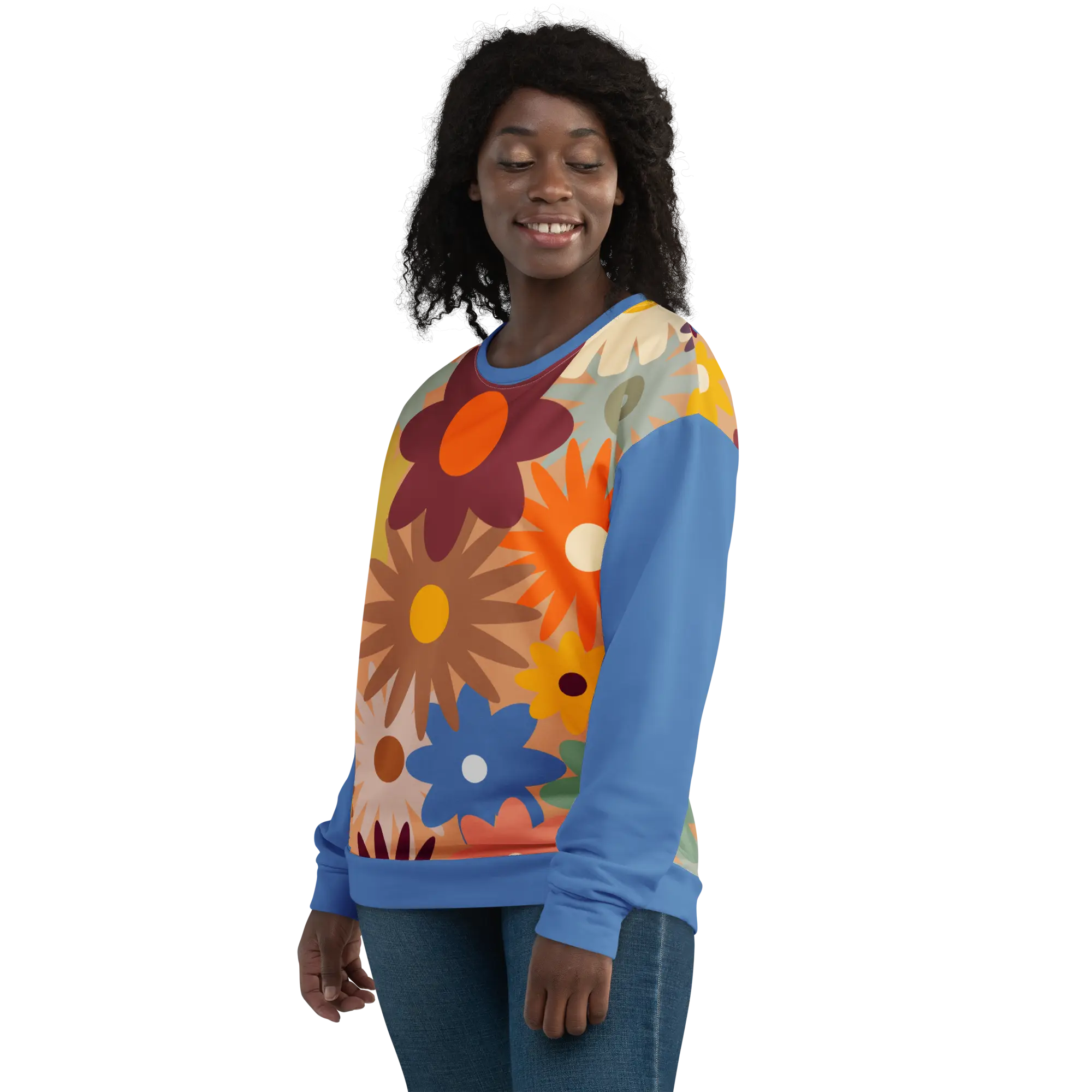 Retro Daisy Floral Sweatshirt, 70s Style Bold Flower Print Crewneck, Blue Contrast Sleeve Pullover, Unisex Long Sleeve Sweatshirt, Trendy Streetwear Top, Casual Fall Sweater, Gift for Him, Gift for Her