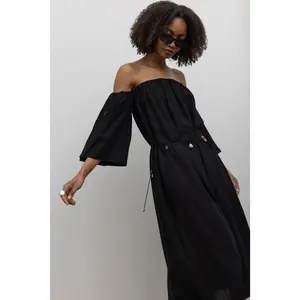 Black Linen Off The Shoulder Midi Dress