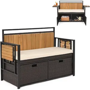 Costway Outdoor Storage Bench, Outside Cushioned Loveseat Seating with Acacia Wood Backrest, 2 Folding Side Tables & 2 Doors, PE Rattan Deck Box for Patio Cushions, Garden Tools & Pool Supplies