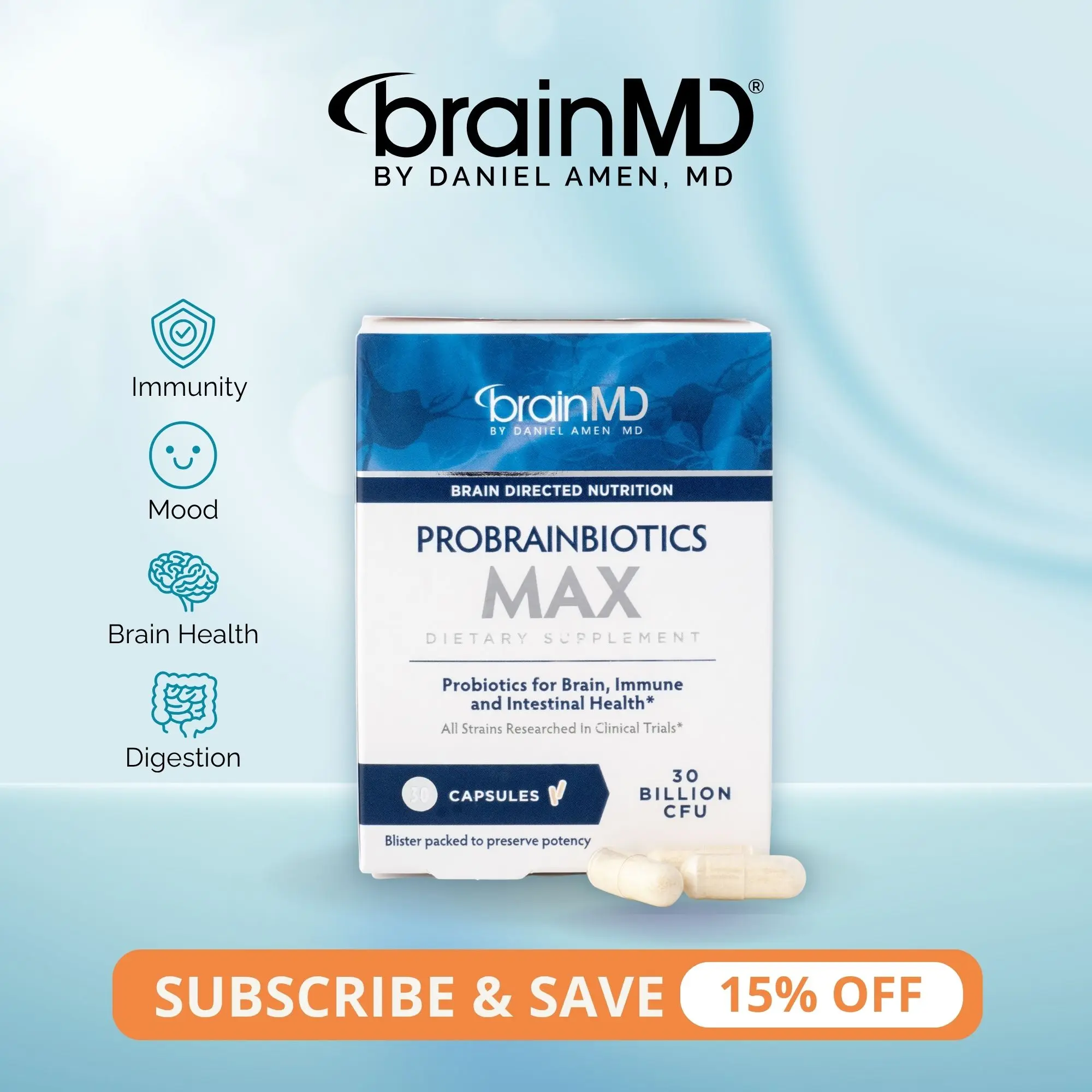 ProBrainBiotics MAX | BrainMD | 30 Capsules | Gut & Brain Health Support | Mood, Focus & Digestion | 7-Strain Probiotic Blend, 30 Billion CFU
