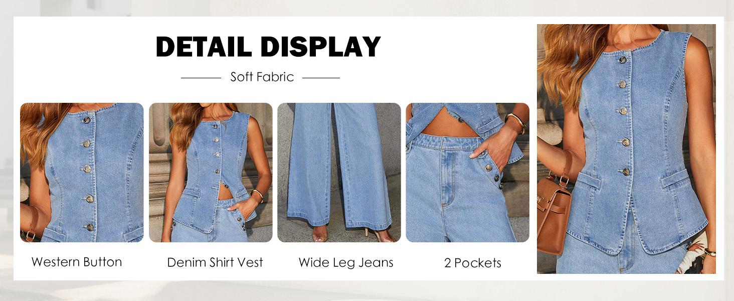 Chouyatou Women Y2K Denim 2 Piece Outfits Button Sleeveless Jean Vest Top Wide Leg Palazzo Jeans Matching Set