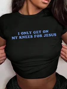 Women's Letter Print Round Neck Crop Tee, Casual Short Sleeve Crew Neck T-shirt for Summer, Fashion Women's Graphic Print Top for Daily Wear, Crew Neck Tops