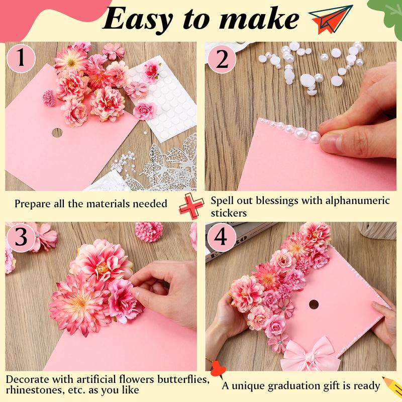 Graduation Cap Decoration Kit with Artificial Flower Heads 3D Butterfly Construction Paper Stickers Pearl Adhesive Dots Satin Bow for Grad Cap Topper DIY Craft Art Decor Grad Gift